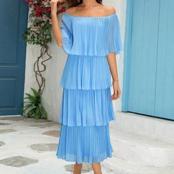 . Dresses & Skirts - Blue Boho Womens Off Shoulder Ruffle Layered Hem Dress